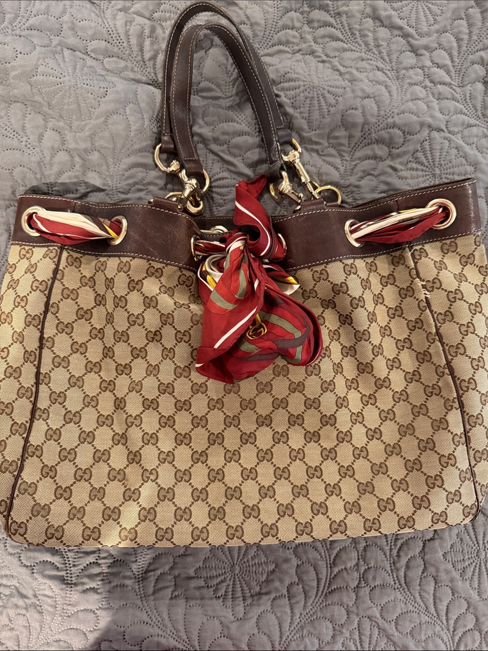 Gucci Beige GG Canvas Shoulder Tote with Brown Leather and Red Scarf Accent
